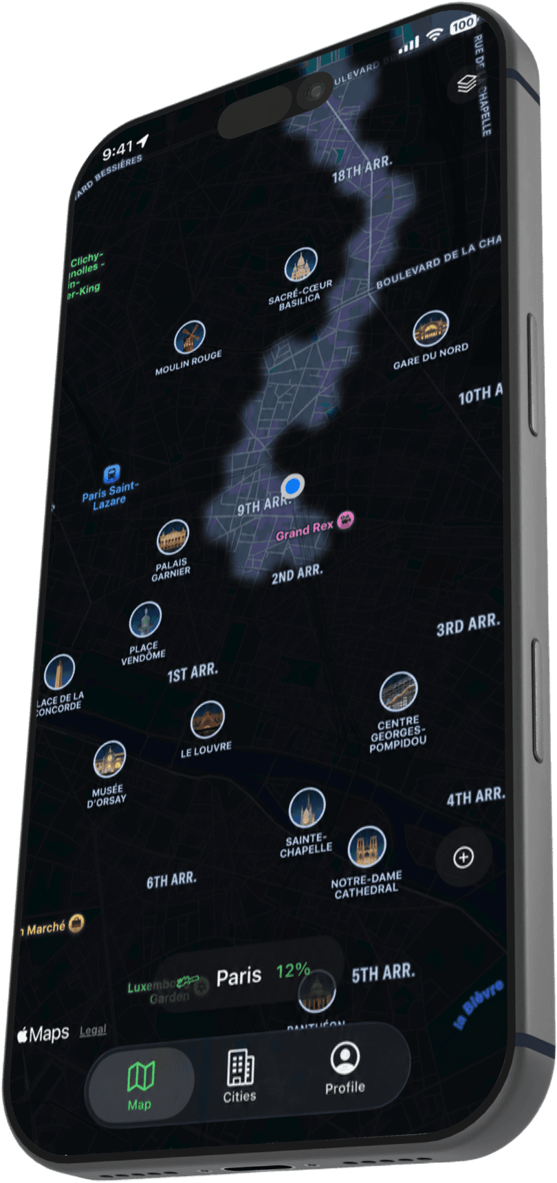The Explored app showing a map of Paris with explored streets and labeled landmarks across its arrondissements.