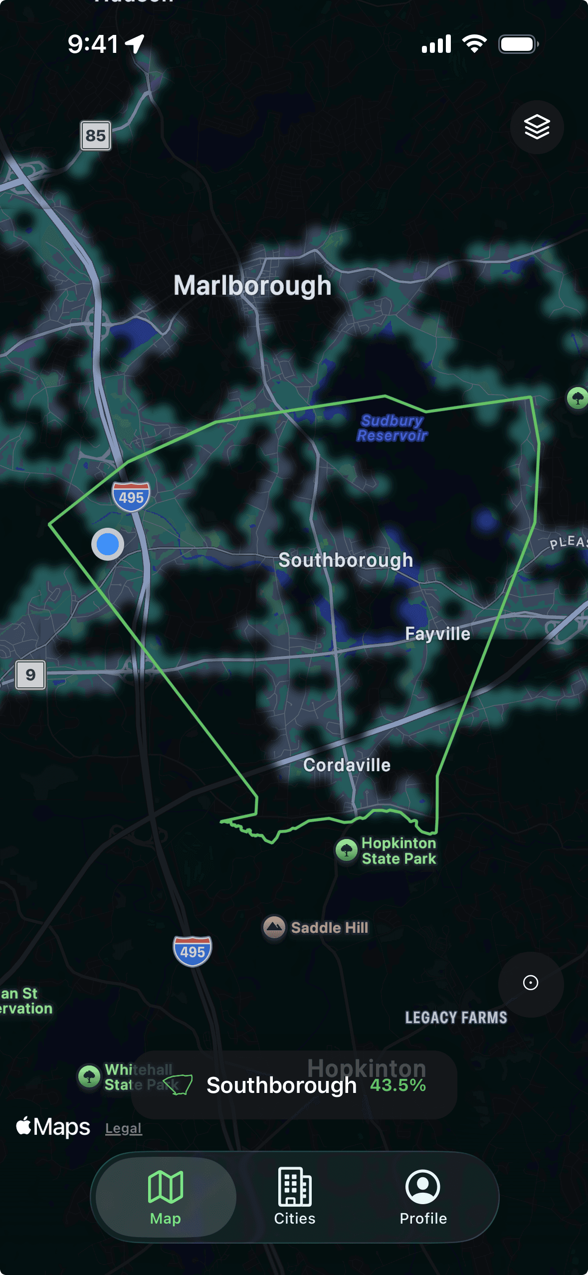 Explored's map showing the streets you've explored across a town on a dark layer.