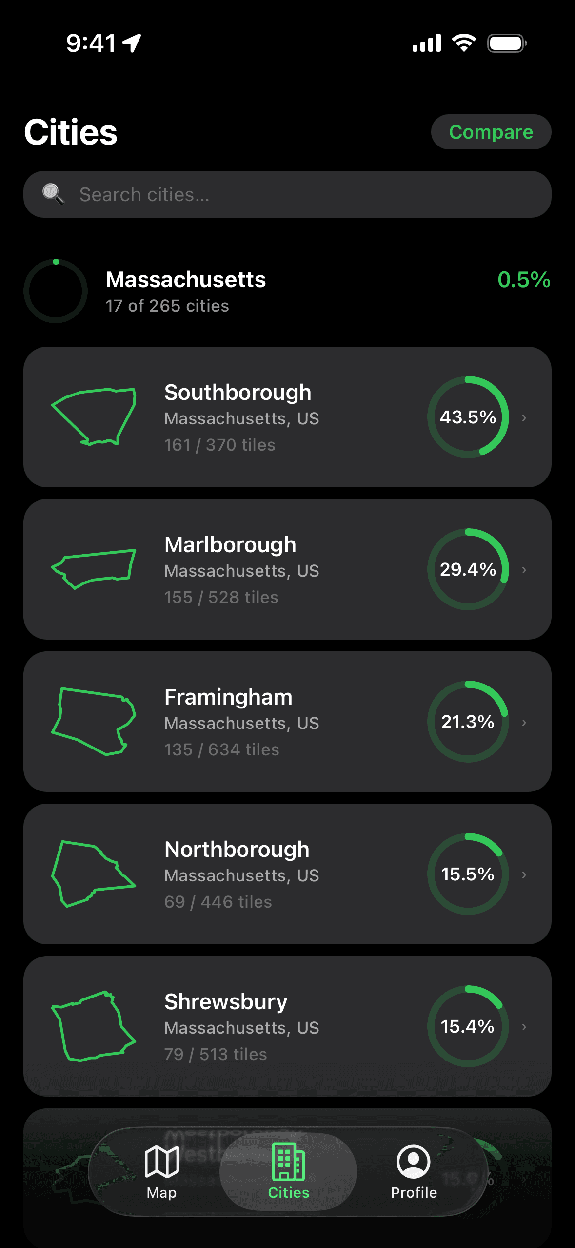 Explored's Cities list, ranking nearby towns by how much of each you've explored.