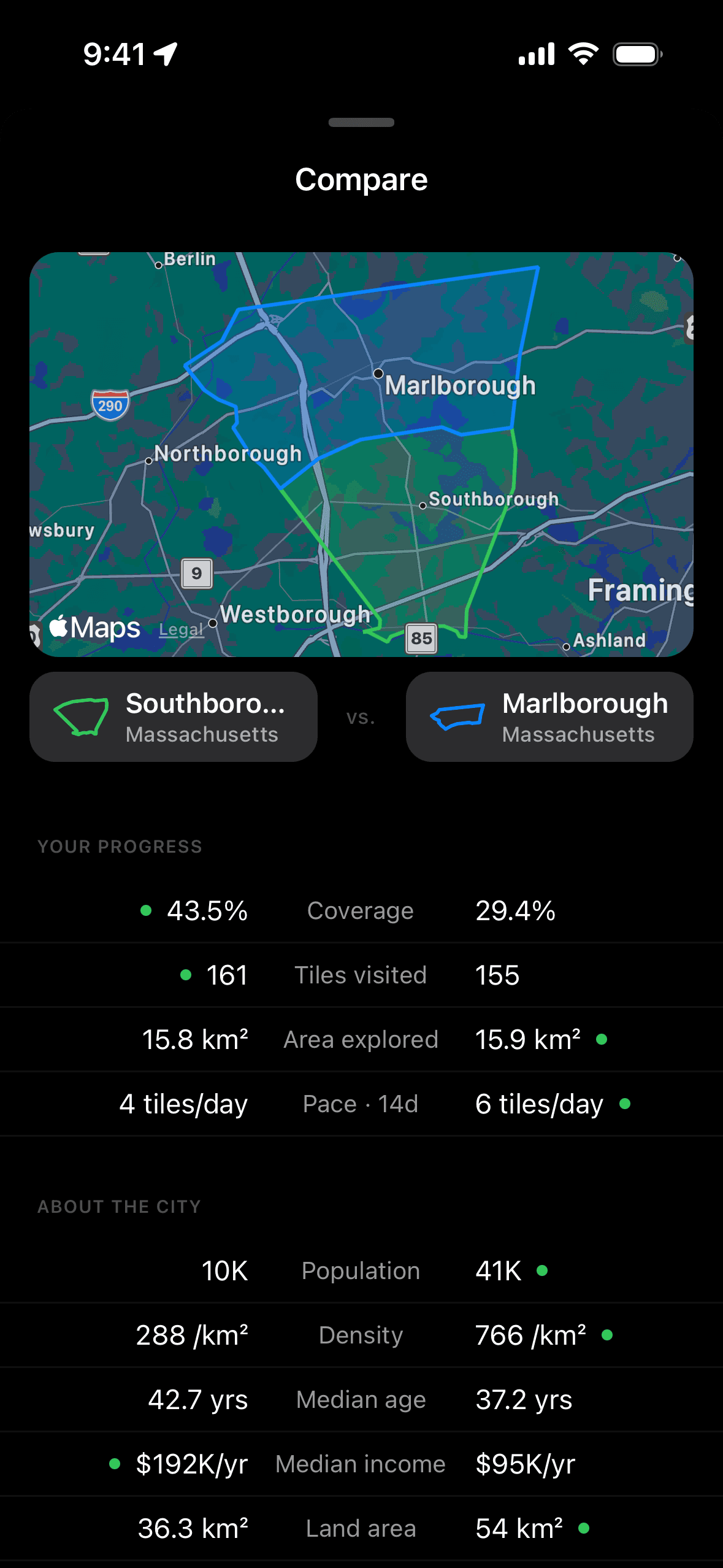 Explored's Compare view putting two cities side by side — coverage, tiles visited, pace, and census stats.